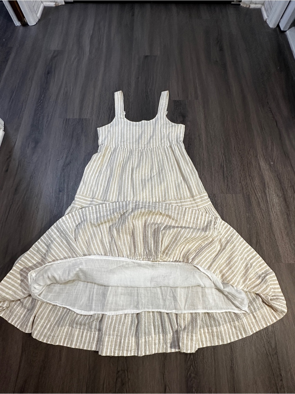Linda Anderson Gold Stripe Tiered Midi Dress | Neutral Shimmer Boho Sundress - Picture 9 of 11